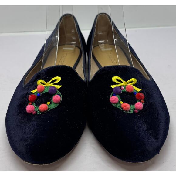 Talbots Indigo Blue Ryan Velvet Wreath Christmas Flats Shoes 6.5 Embroidered - Picture 1 of 6